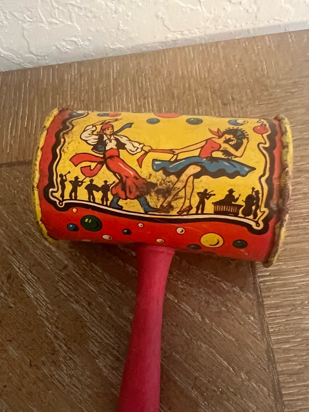 Vintage baby rattle or Rhythm Hammer Toy - Red & Yellow